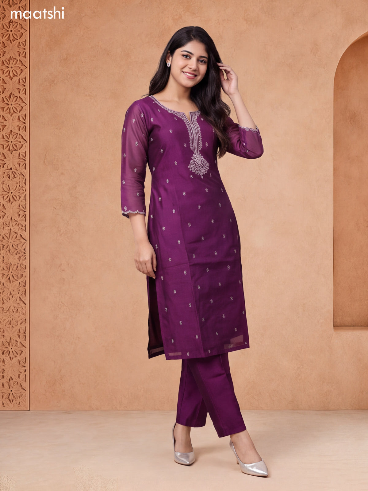 Deep Purple Chanderi Embroidery Work Straight Suit
