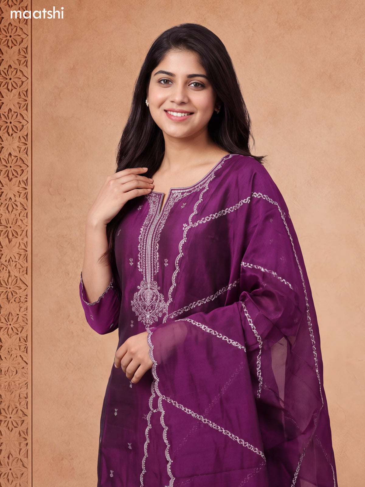Deep Purple Chanderi Embroidery Work Straight Suit
