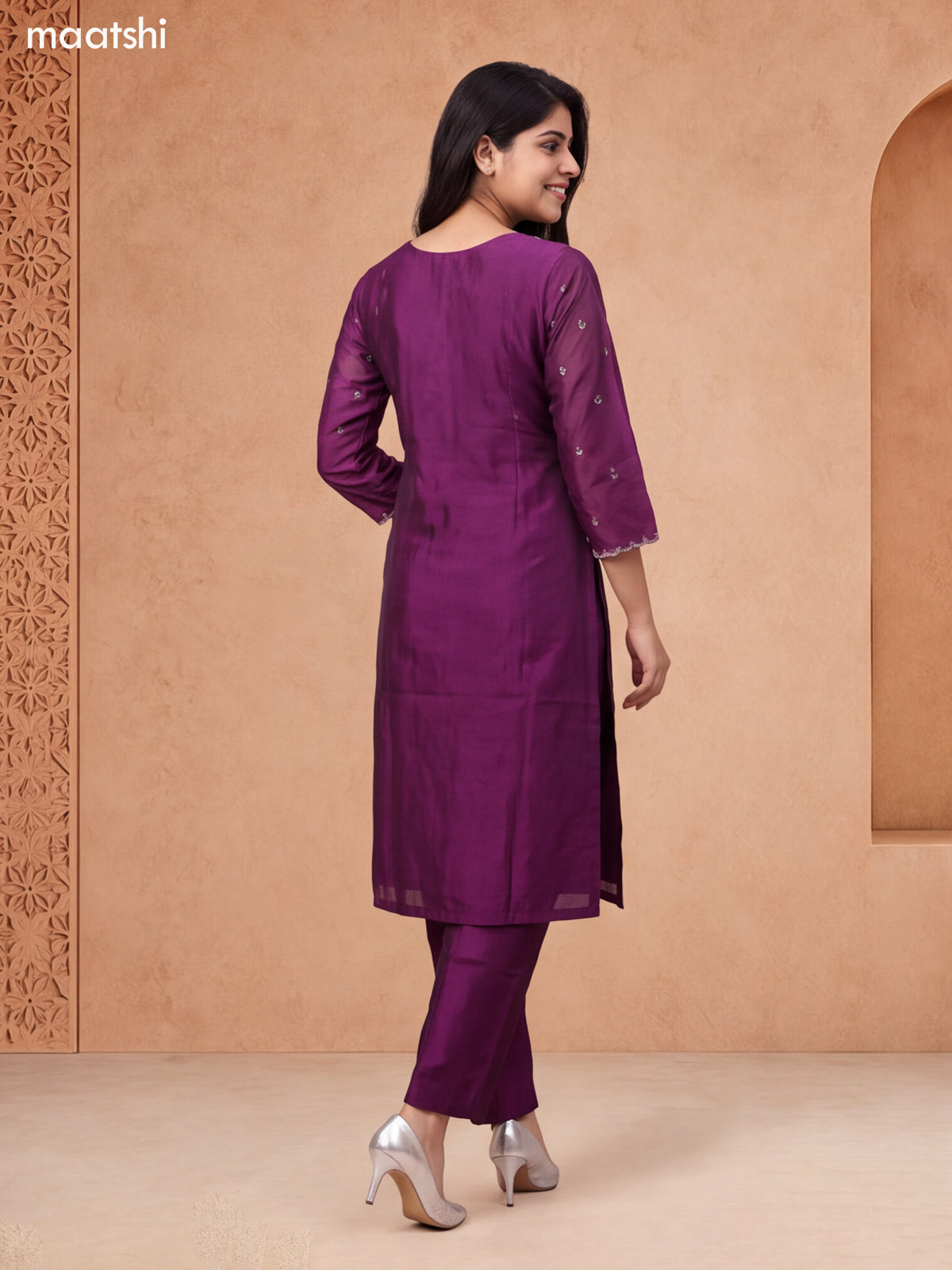 Deep Purple Chanderi Embroidery Work Straight Suit