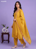 Mustard Yellow Chanderi Floral Embroidery Work V-Neckline Straight Suit