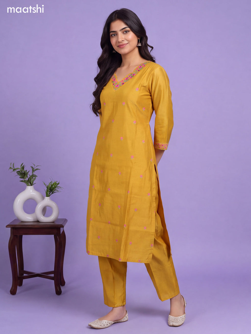 Mustard Yellow Chanderi Floral Embroidery Work V-Neckline Straight Suit