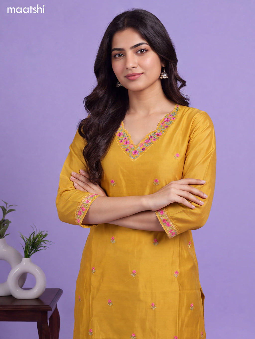 Mustard Yellow Chanderi Floral Embroidery Work V-Neckline Straight Suit
