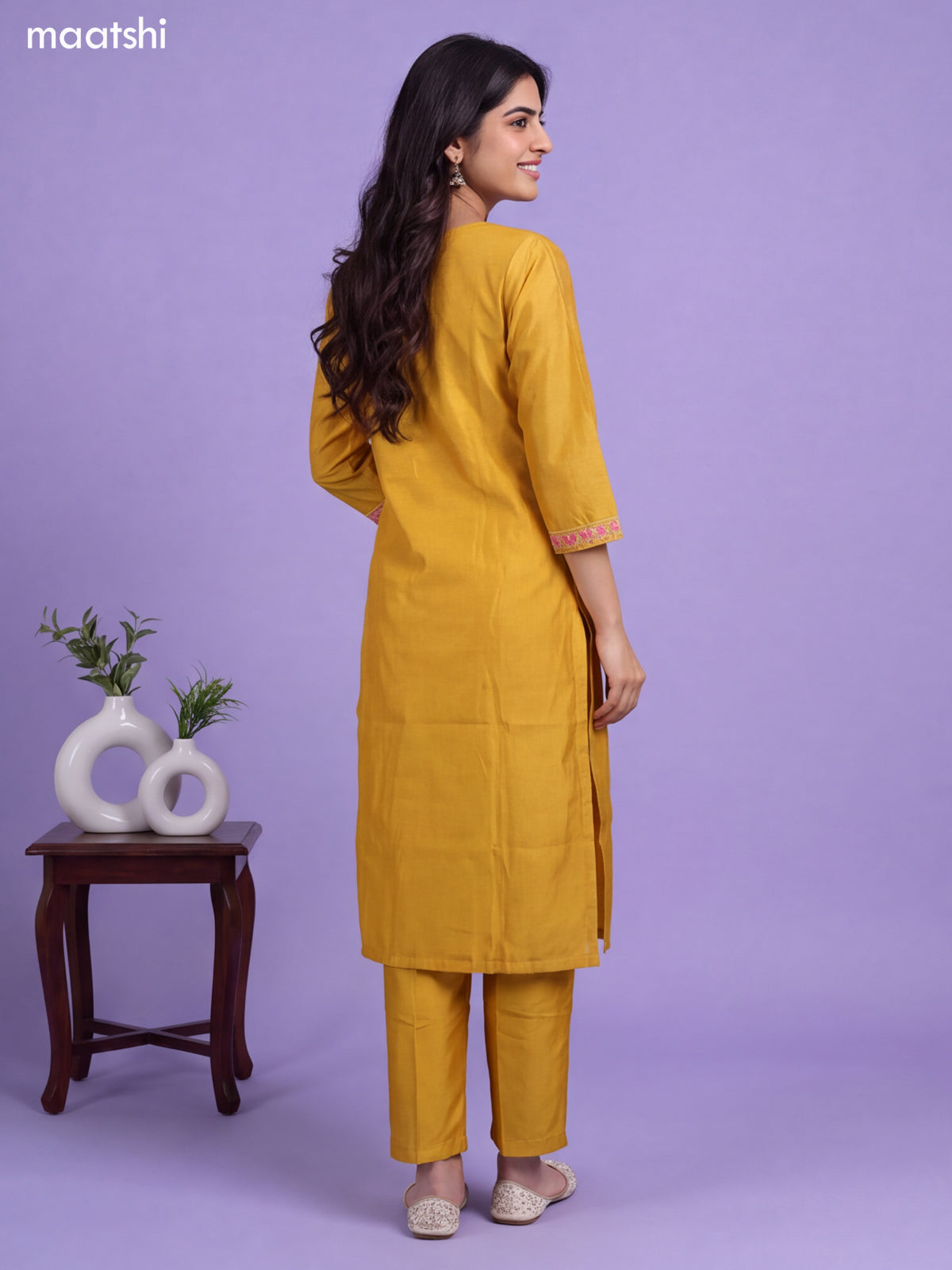 Mustard Yellow Chanderi Floral Embroidery Work V-Neckline Straight Suit