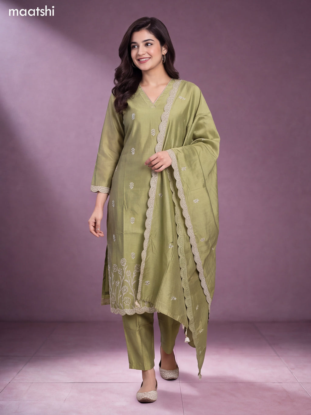 Lime Green Chanderi Floral Embroidery Work V-Neckline Straight Suit