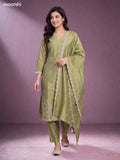Lime Green Chanderi Floral Embroidery Work V-Neckline Straight Suit