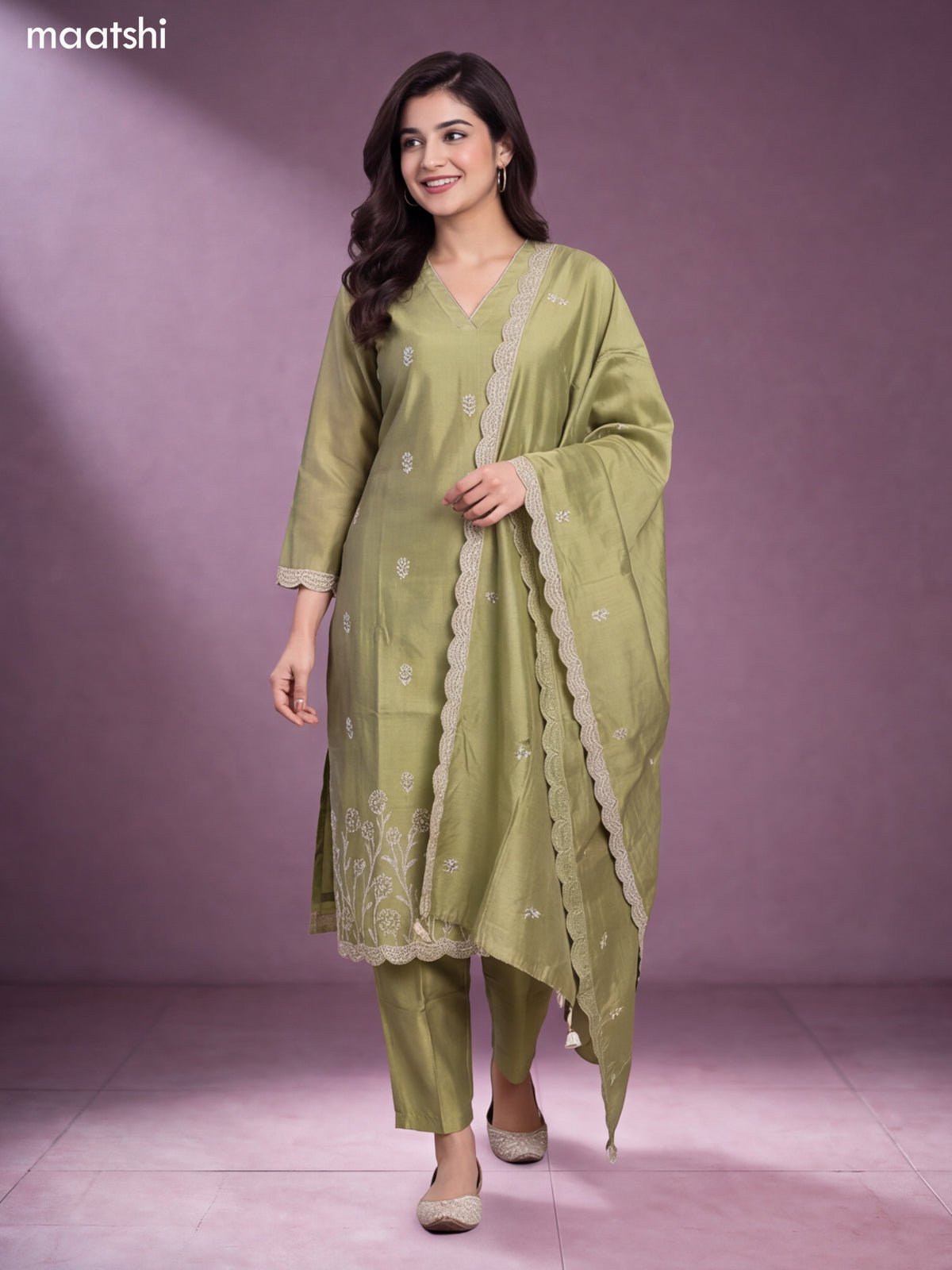 Lime Green Chanderi Floral Embroidery Work V-Neckline Straight Suit