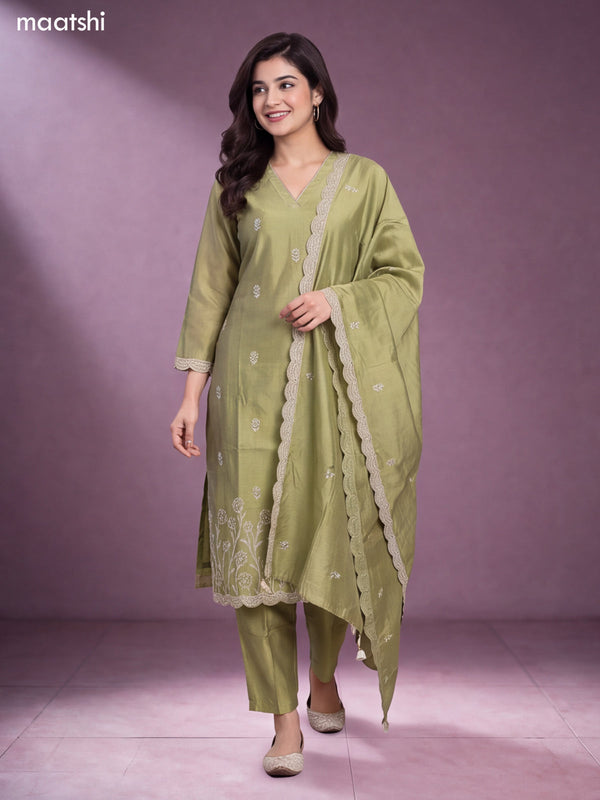 Lime Green Chanderi Floral Embroidery Work V-Neckline Straight Suit