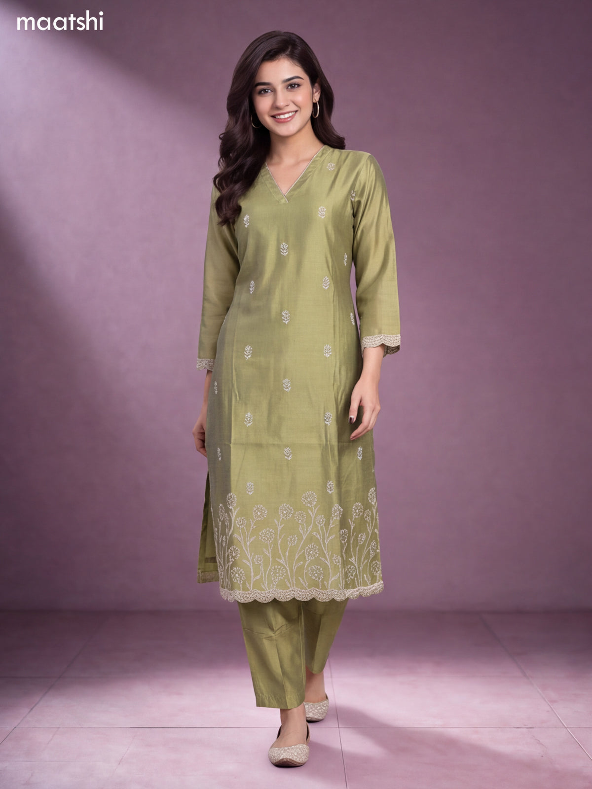 Lime Green Chanderi Floral Embroidery Work V-Neckline Straight Suit