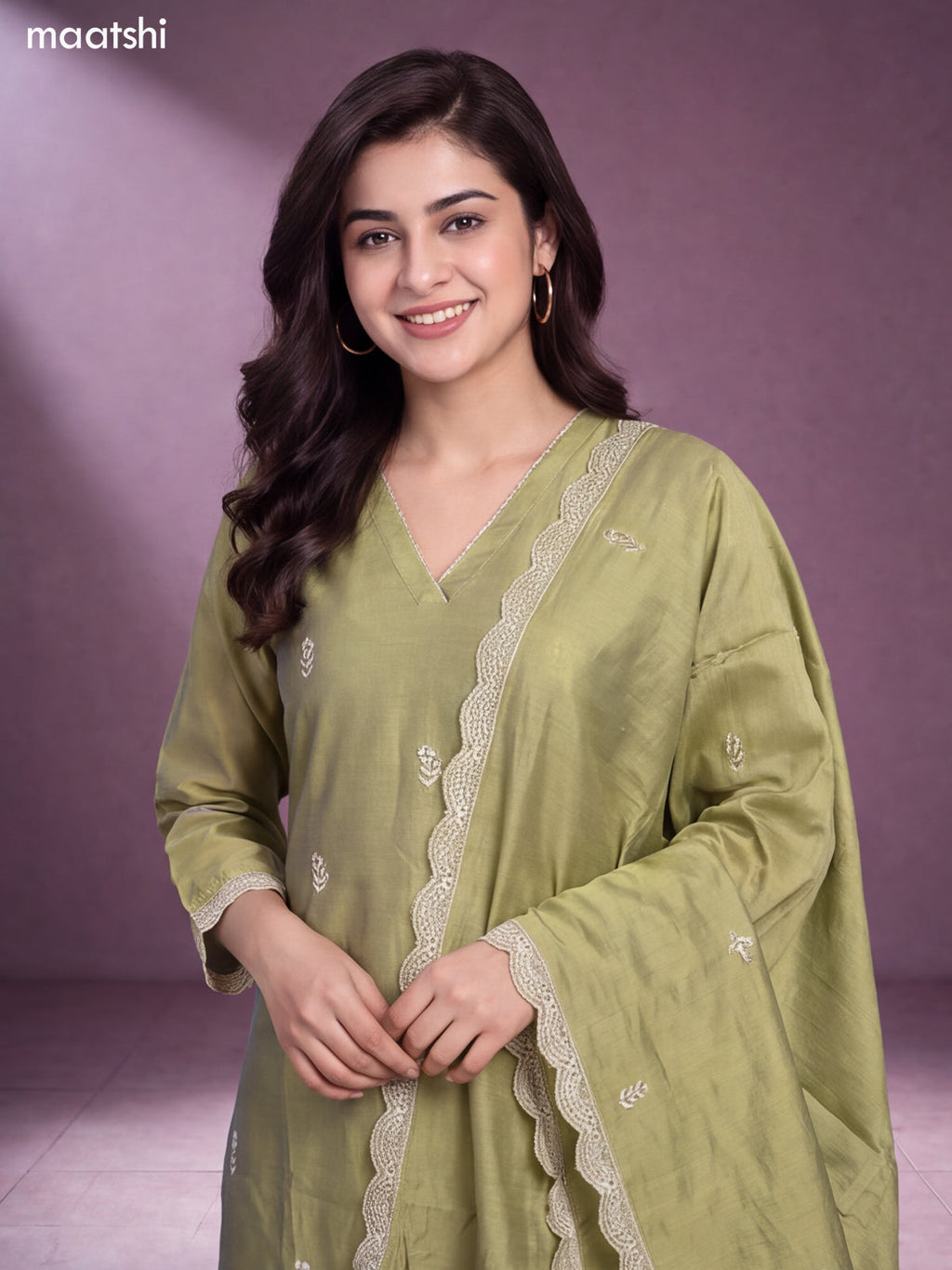 Lime Green Chanderi Floral Embroidery Work V-Neckline Straight Suit