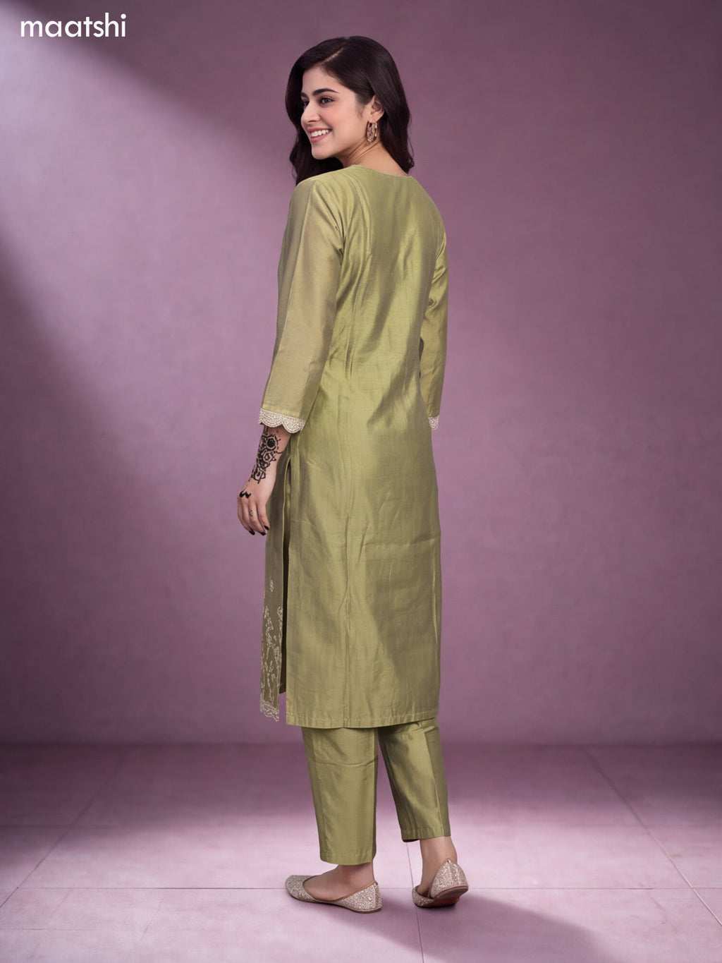 Lime Green Chanderi Floral Embroidery Work V-Neckline Straight Suit