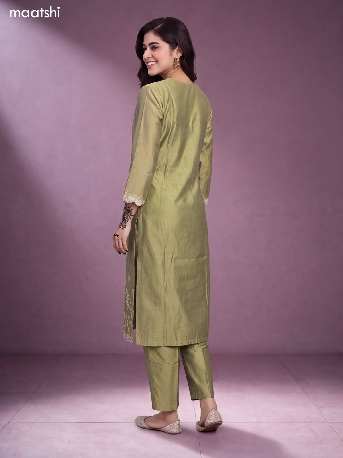 Lime Green Chanderi Floral Embroidery Work V-Neckline Straight Suit