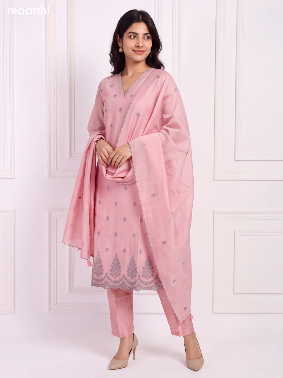 Baby Pink Chanderi Floral Embroidery Work V-Neckline Straight Suit