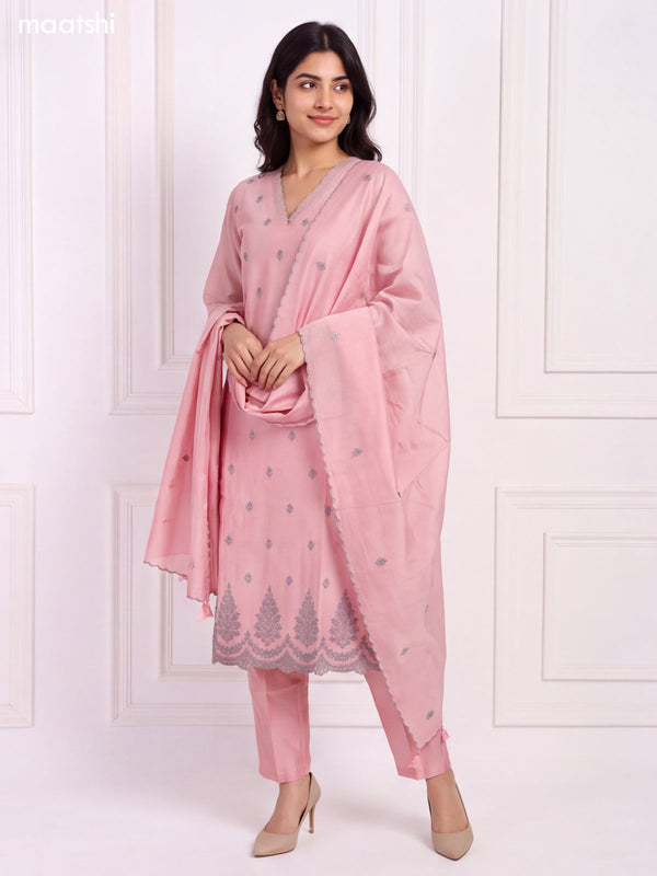 Baby Pink Chanderi Floral Embroidery Work V-Neckline Straight Suit