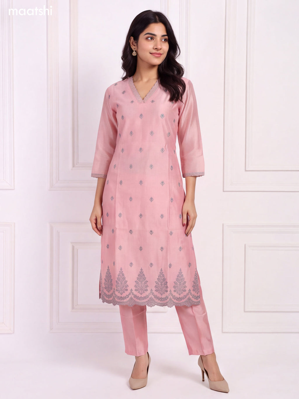 Baby Pink Chanderi Floral Embroidery Work V-Neckline Straight Suit