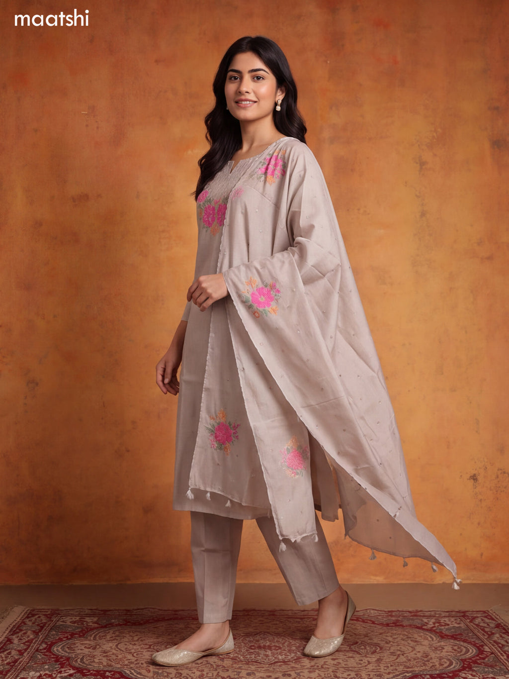 Grey Chanderi Floral Embroidery Work Straight Suit