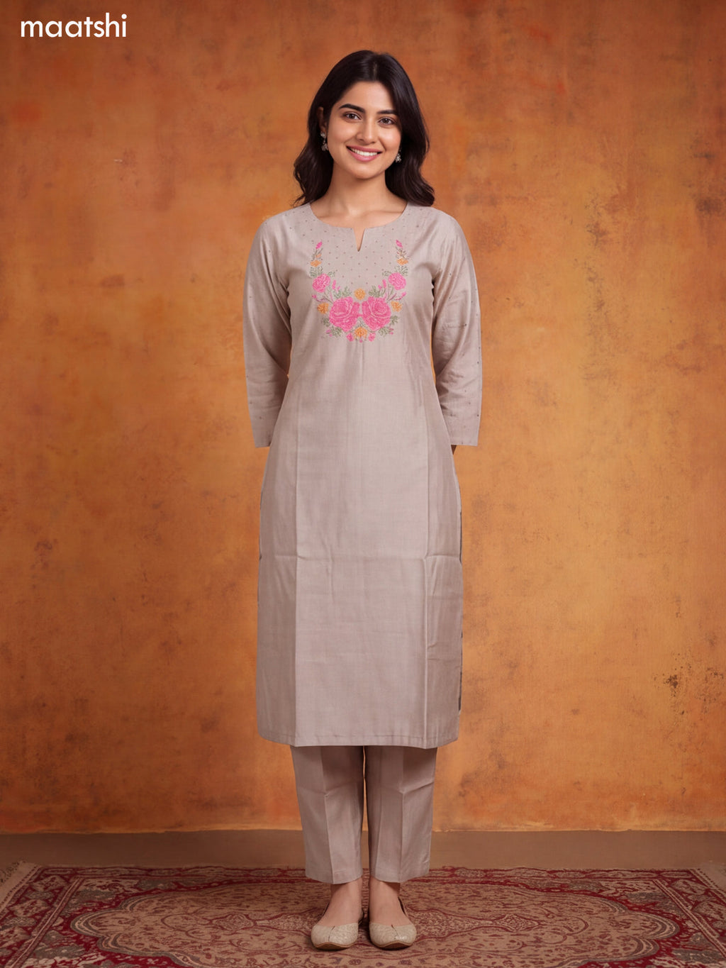 Grey Chanderi Floral Embroidery Work Straight Suit