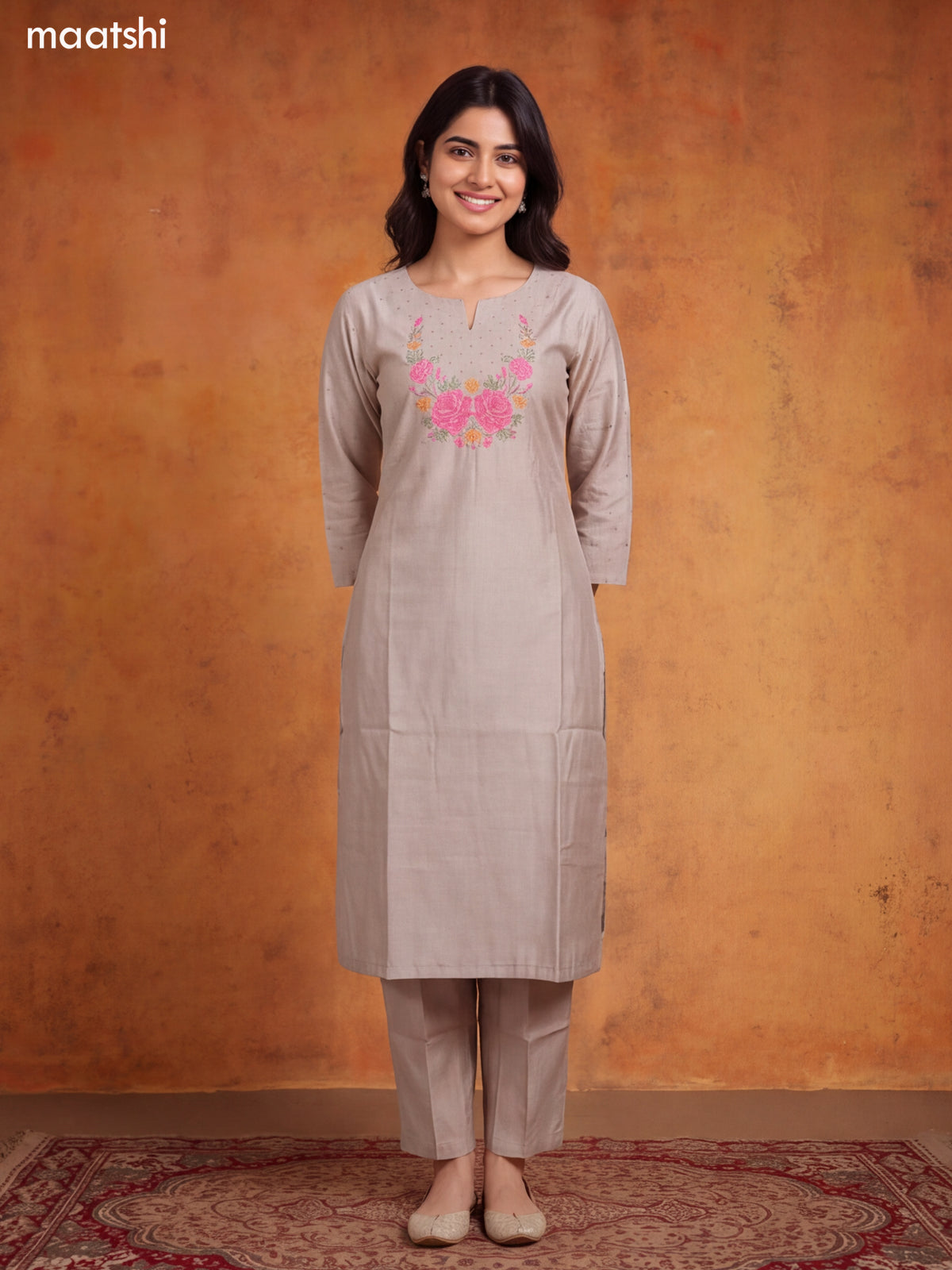 Grey Chanderi Floral Embroidery Work Straight Suit