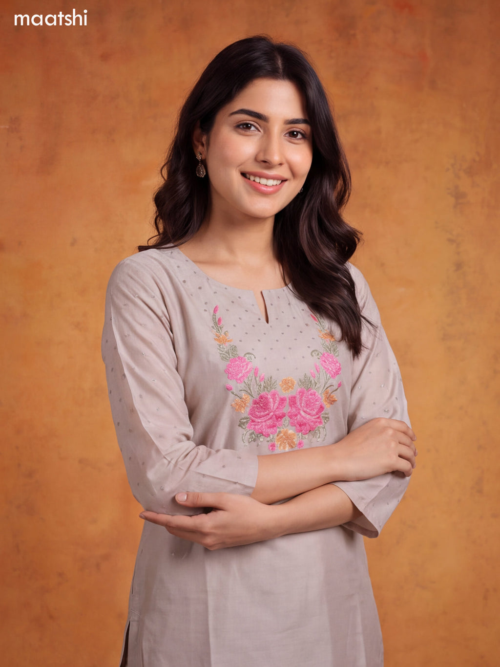 Grey Chanderi Floral Embroidery Work Straight Suit