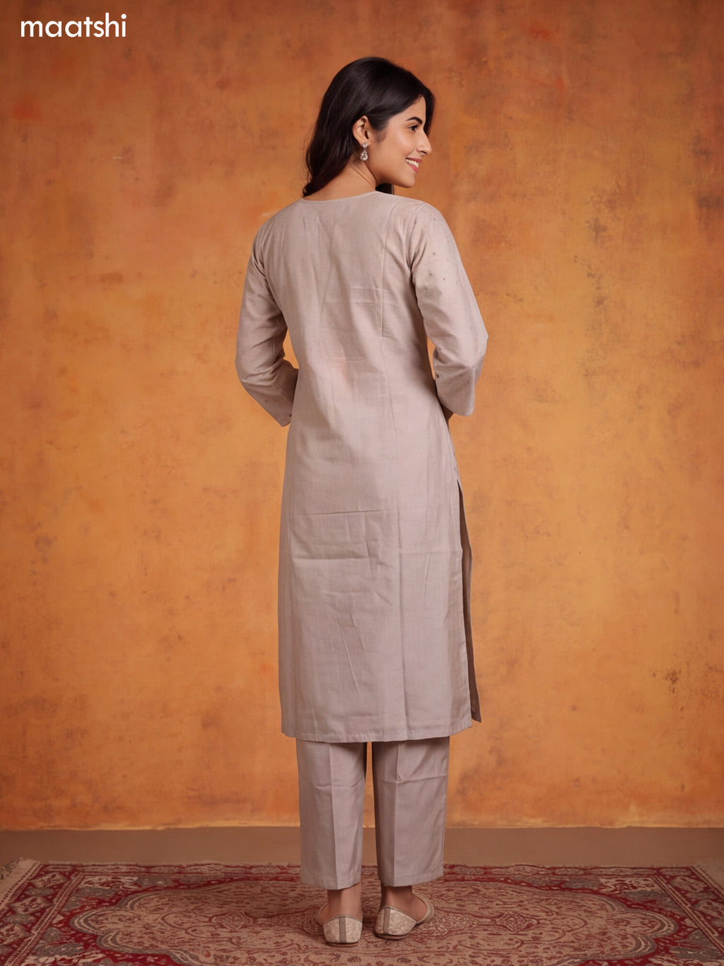 Grey Chanderi Floral Embroidery Work Straight Suit