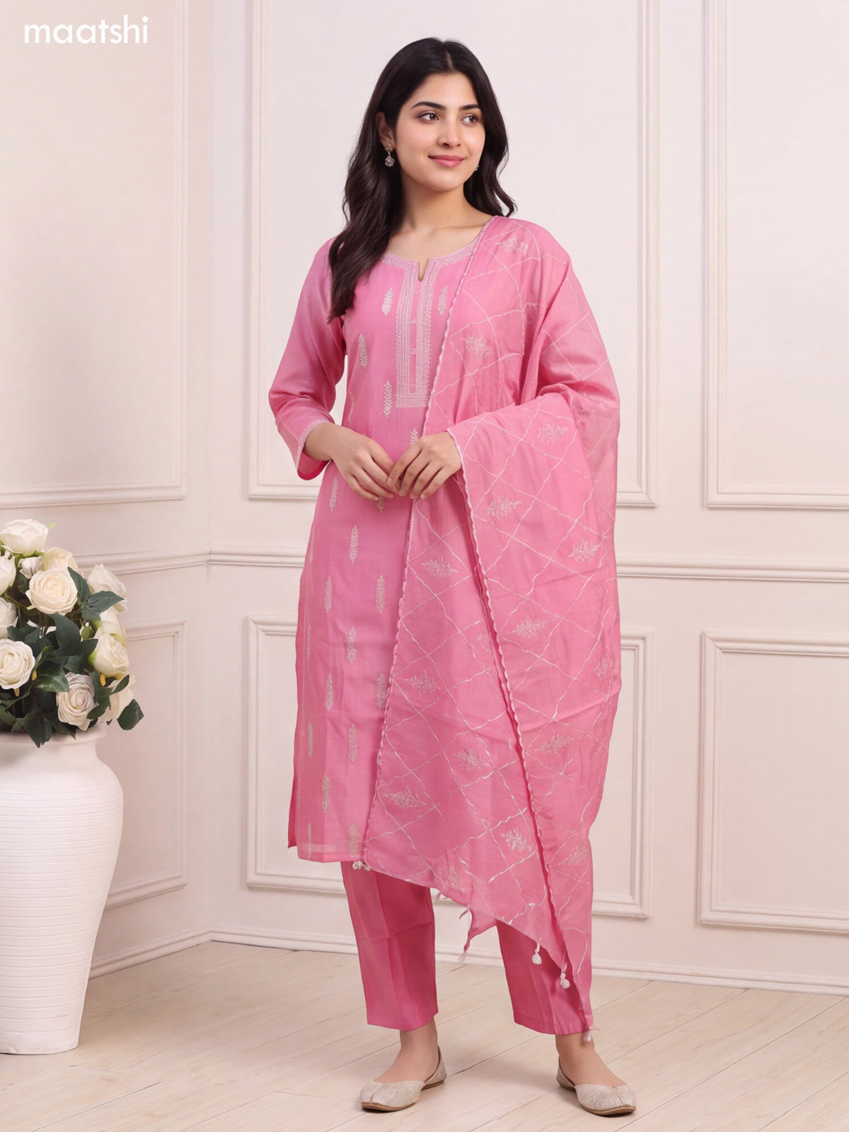 Pink Chanderi Embroidery Work Straight Suit