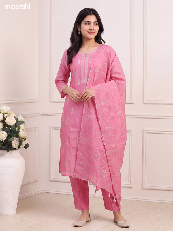 Pink Chanderi Embroidery Work Straight Suit