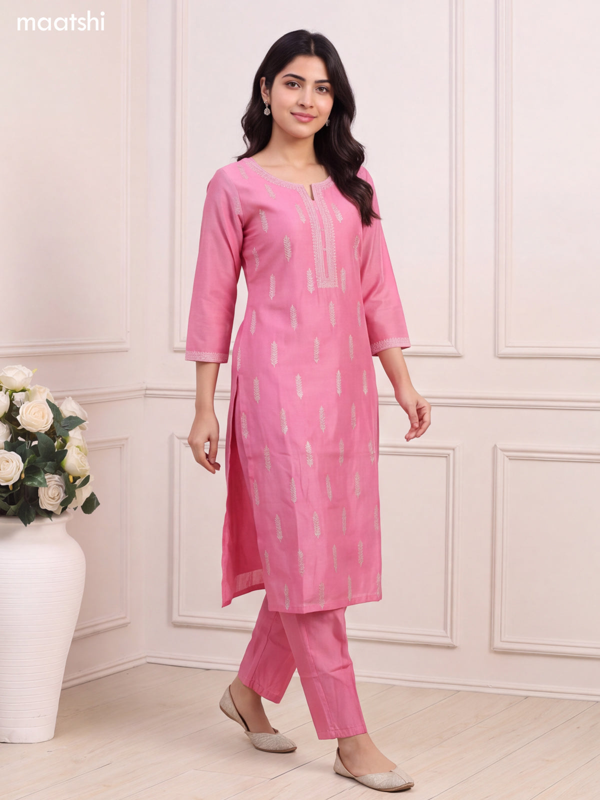 Pink Chanderi Embroidery Work Straight Suit