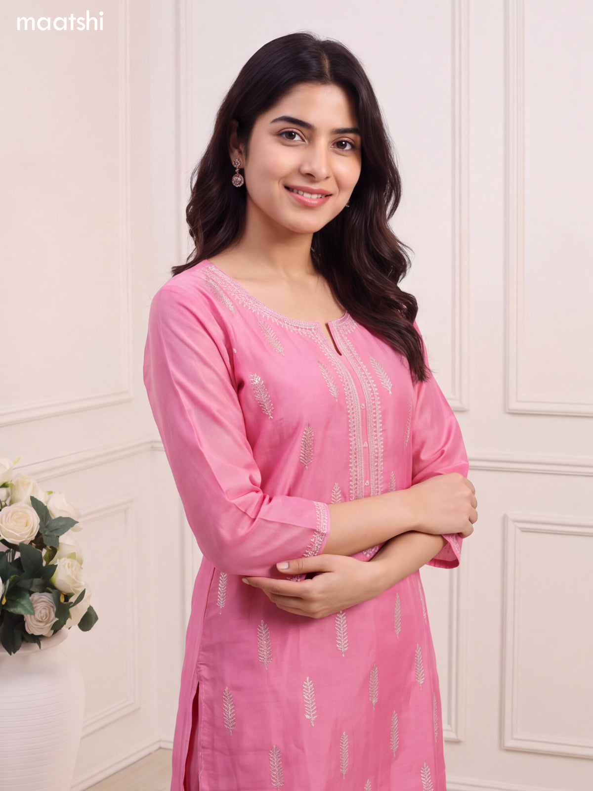 Pink Chanderi Embroidery Work Straight Suit