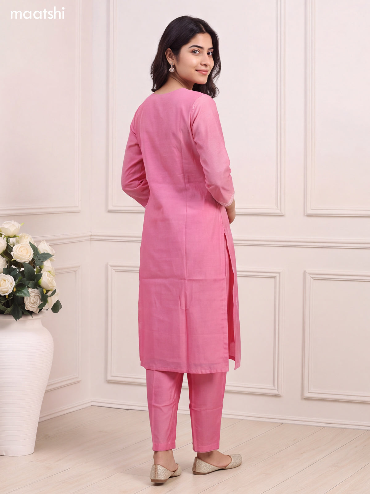Pink Chanderi Embroidery Work Straight Suit