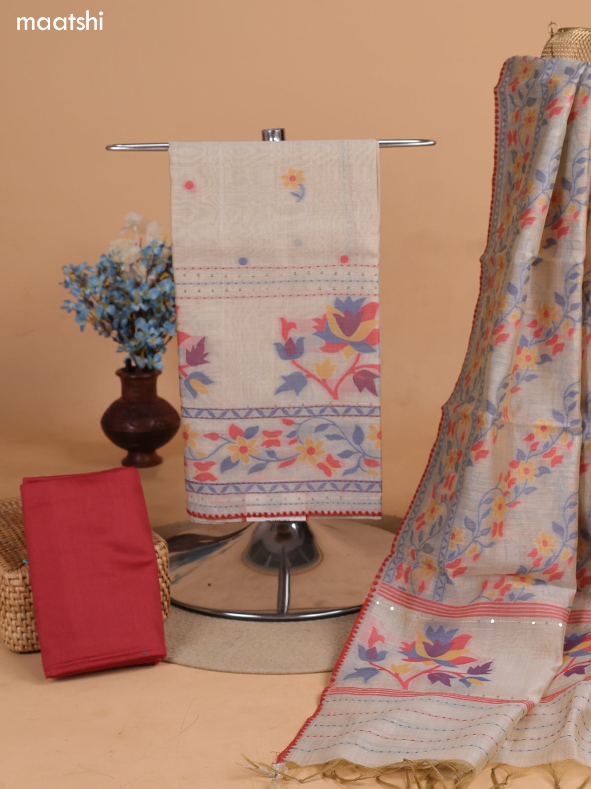 Biege and Dark Rust Chanderi Dress Material With Thread Weaves & Kantha Stitch Work Border and Bottom & Dupatta
