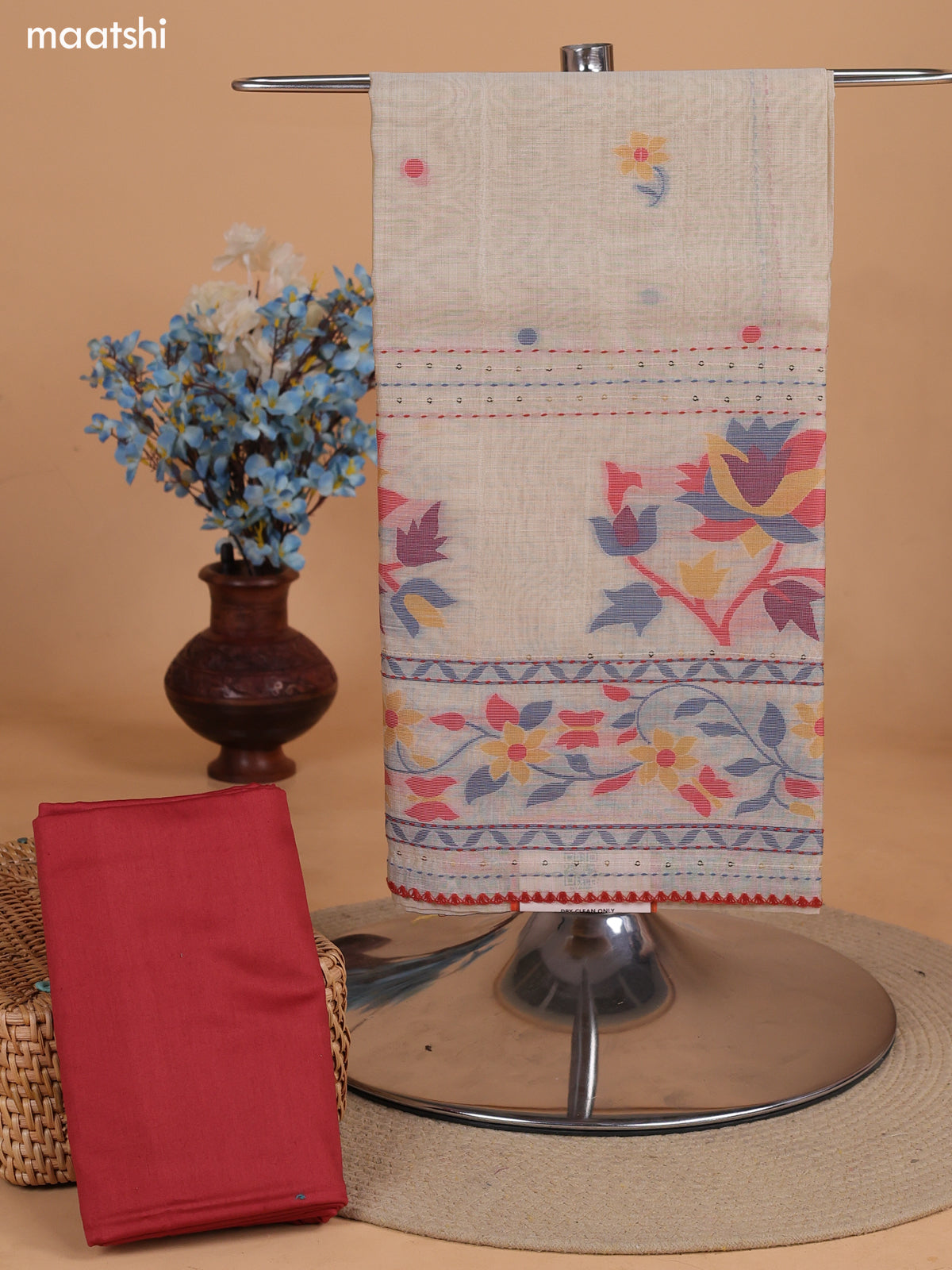 Biege and Dark Rust Chanderi Dress Material With Thread Weaves & Kantha Stitch Work Border and Bottom & Dupatta
