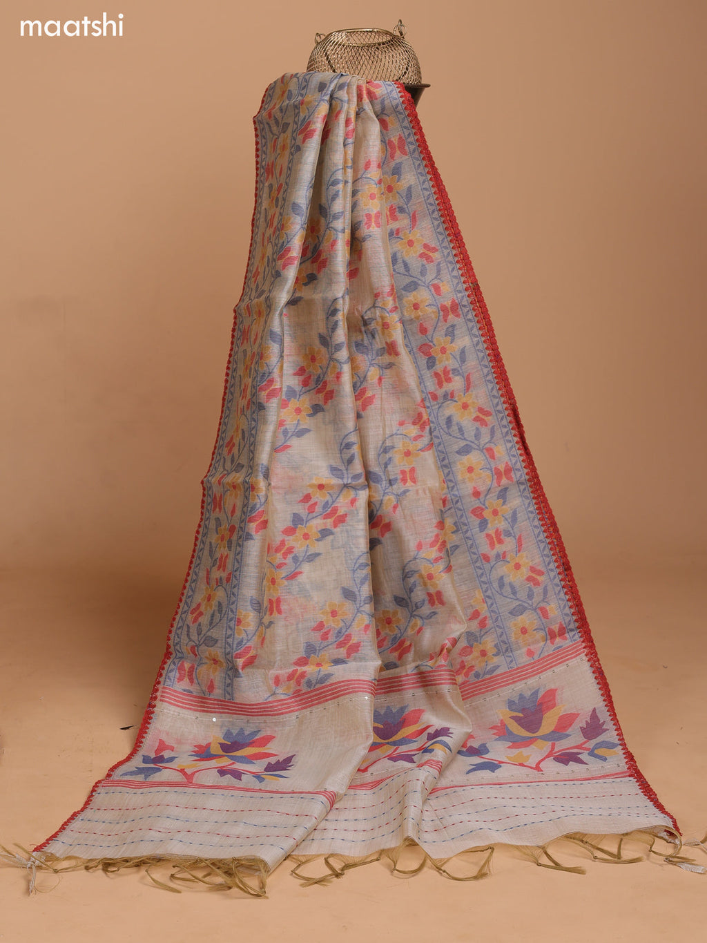 Biege and Dark Rust Chanderi Dress Material With Thread Weaves & Kantha Stitch Work Border and Bottom & Dupatta