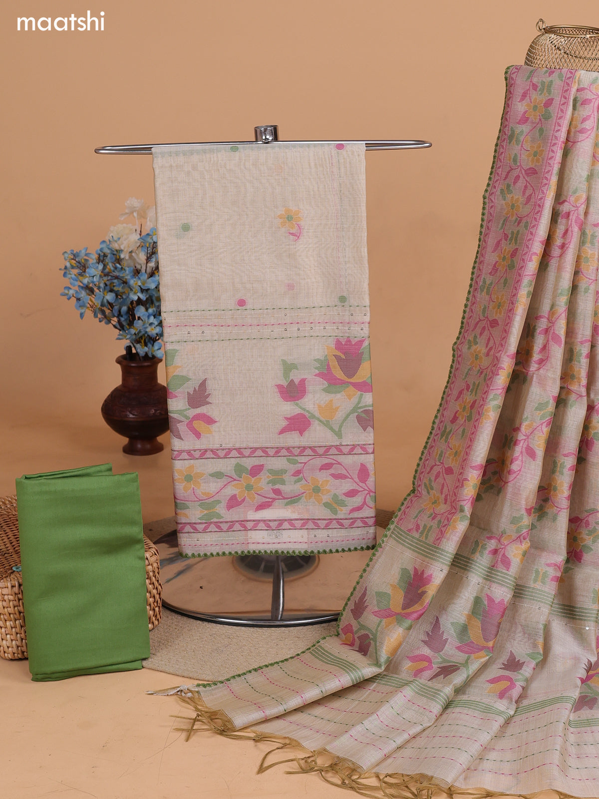 Biege and Green Chanderi Dress Material With Thread Weaves & Kantha Stitch Work Border and Bottom & Dupatta