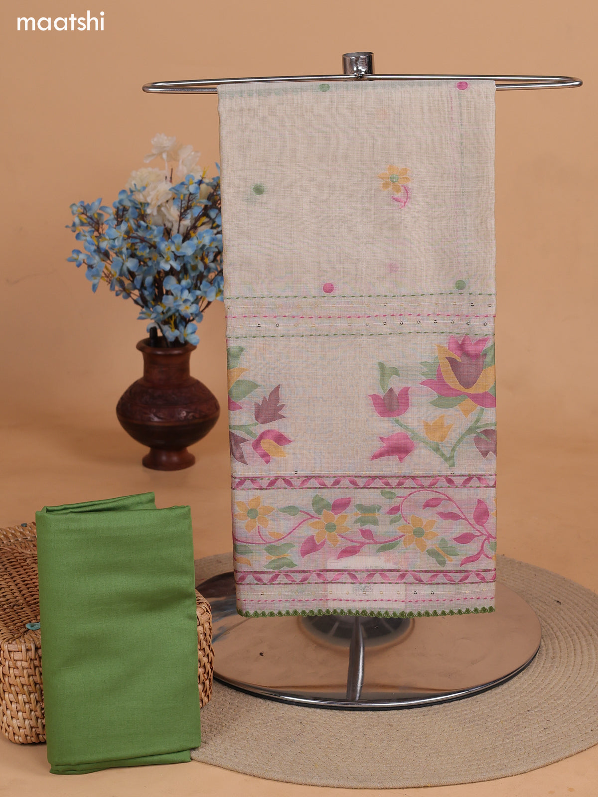 Biege and Green Chanderi Dress Material With Thread Weaves & Kantha Stitch Work Border and Bottom & Dupatta
