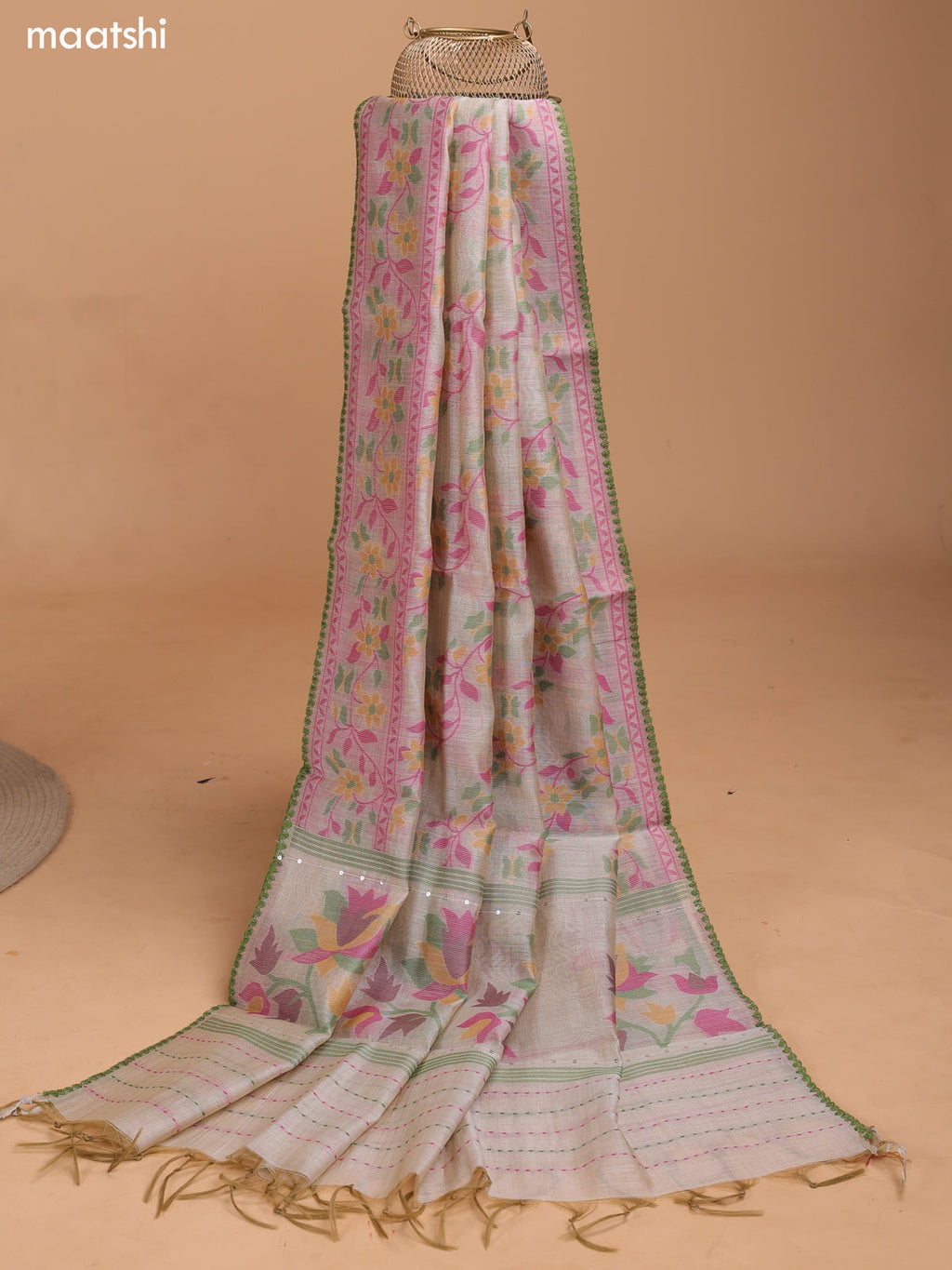 Biege and Green Chanderi Dress Material With Thread Weaves & Kantha Stitch Work Border and Bottom & Dupatta