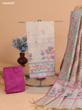 Biege and Magenta Pink Chanderi Dress Material With Thread Weaves & Kantha Stitch Work Border and Bottom & Dupatta