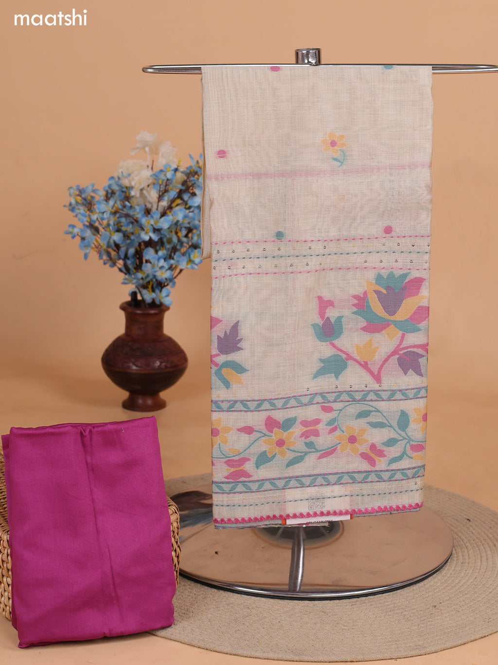 Biege and Magenta Pink Chanderi Dress Material With Thread Weaves & Kantha Stitch Work Border and Bottom & Dupatta