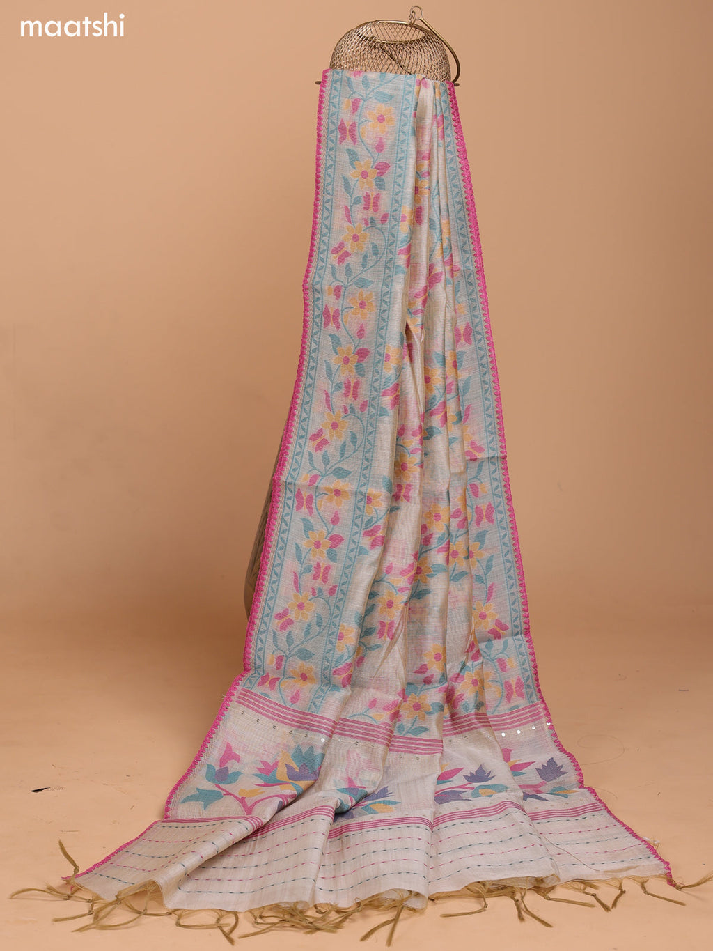 Biege and Magenta Pink Chanderi Dress Material With Thread Weaves & Kantha Stitch Work Border and Bottom & Dupatta