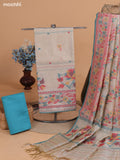 Biege and Teal Blue Chanderi Dress Material With Thread Weaves & Kantha Stitch Work Border and Bottom & Dupatta