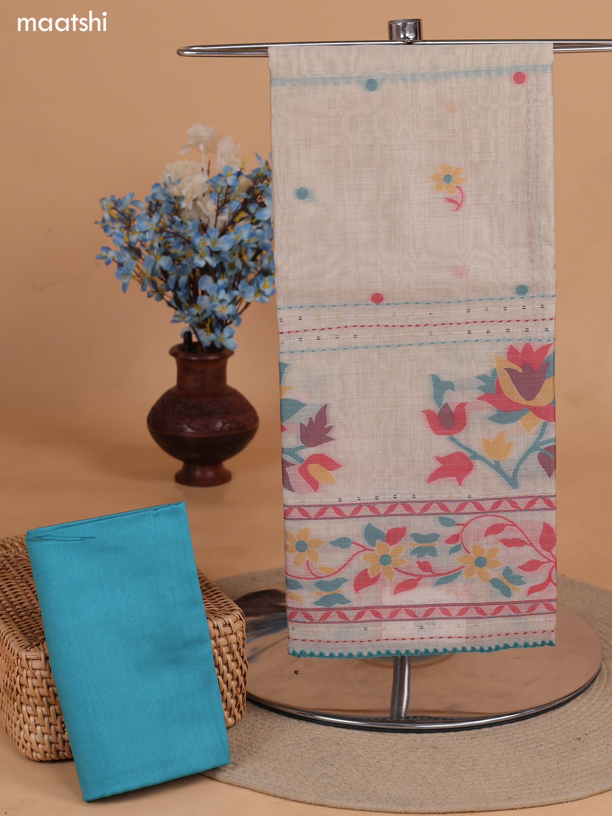 Biege and Teal Blue Chanderi Dress Material With Thread Weaves & Kantha Stitch Work Border and Bottom & Dupatta