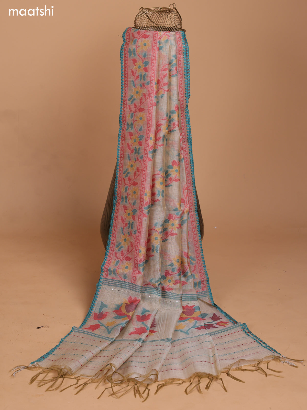 Biege and Teal Blue Chanderi Dress Material With Thread Weaves & Kantha Stitch Work Border and Bottom & Dupatta