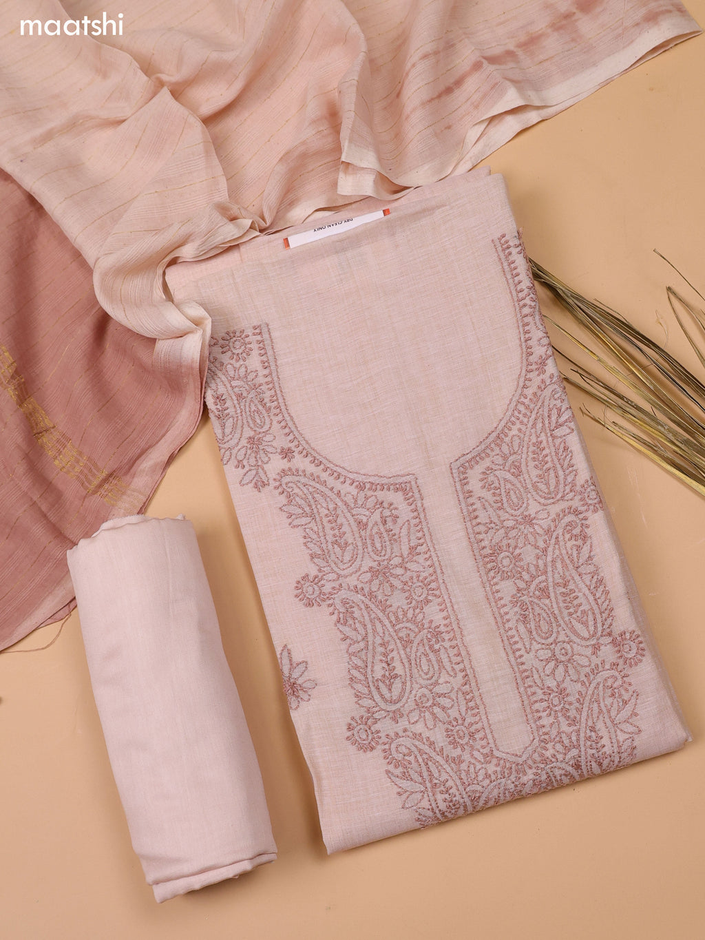 Cream and Pastel Brown Chanderi Dress Material With Kantha Stitch Work Neck Pattern and Bottom & Dupatta