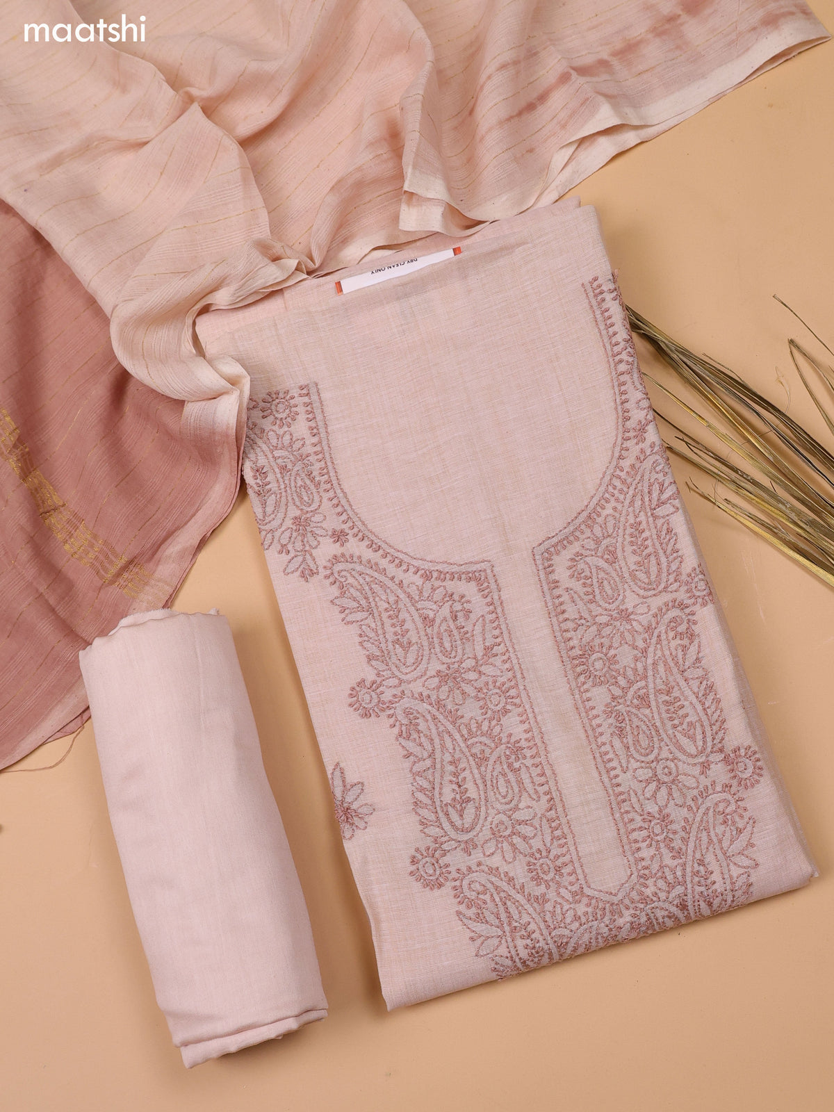 Cream and Pastel Brown Chanderi Dress Material With Kantha Stitch Work Neck Pattern and Bottom & Dupatta