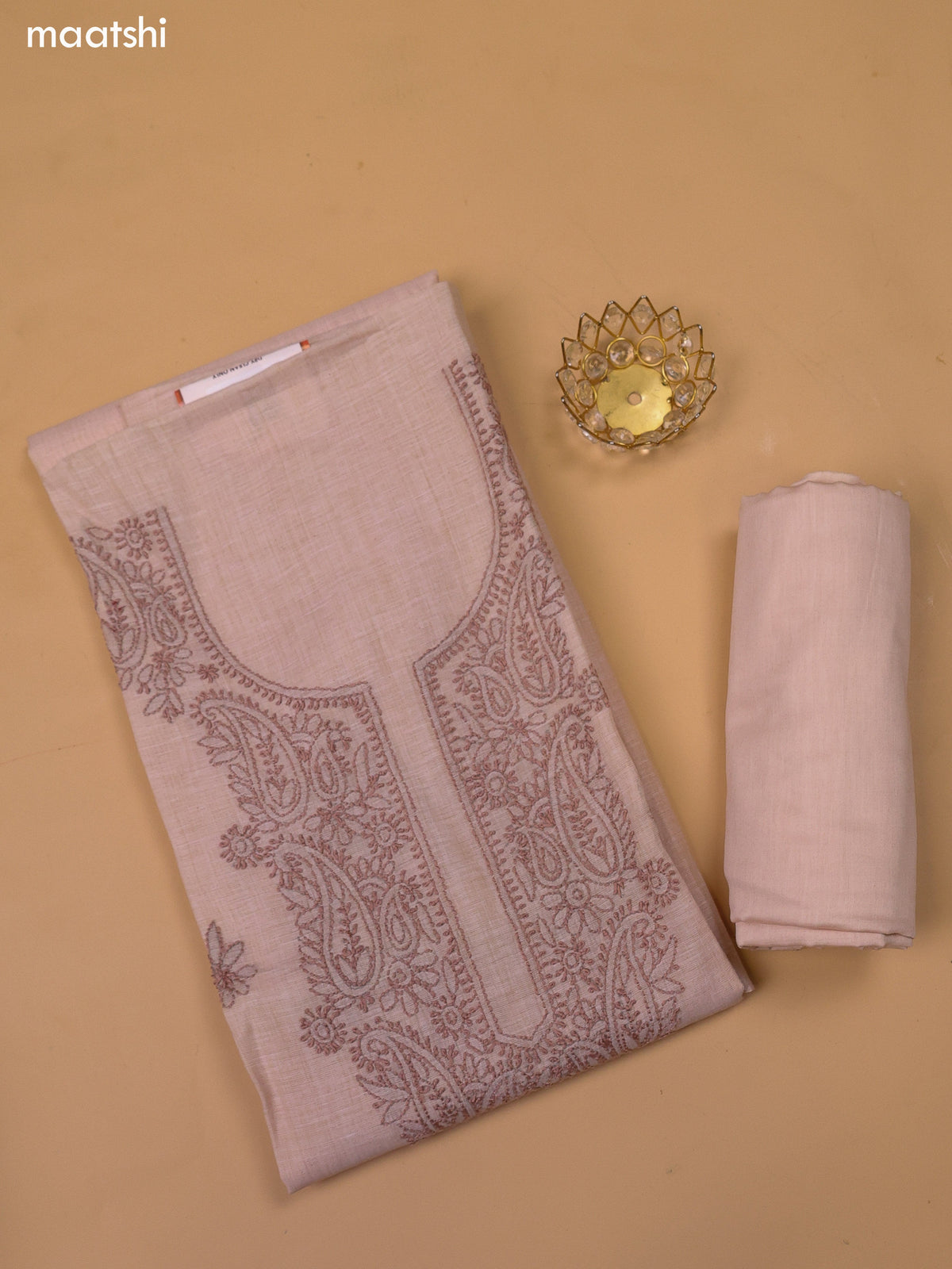 Cream and Pastel Brown Chanderi Dress Material With Kantha Stitch Work Neck Pattern and Bottom & Dupatta