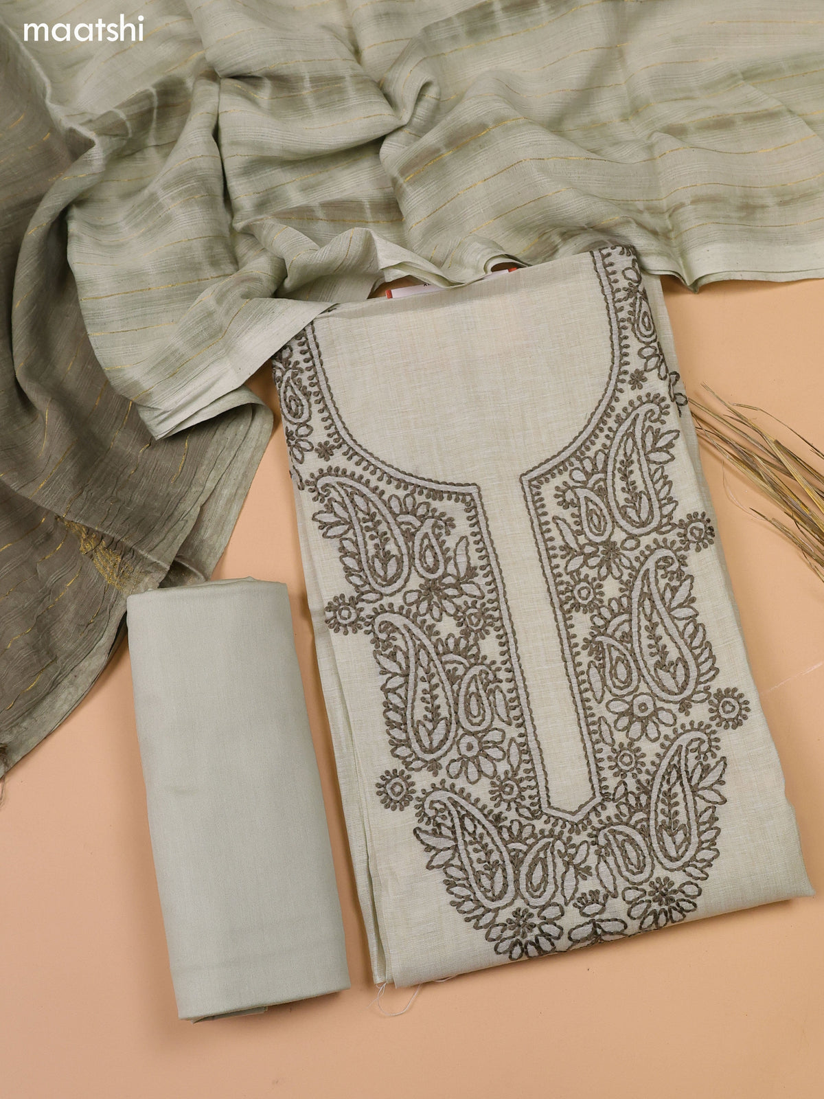 Mild Elaichi Green and Dark Mehendi Green Chanderi Dress Material With Kantha Stitch Work Neck Pattern and Bottom & Dupatta