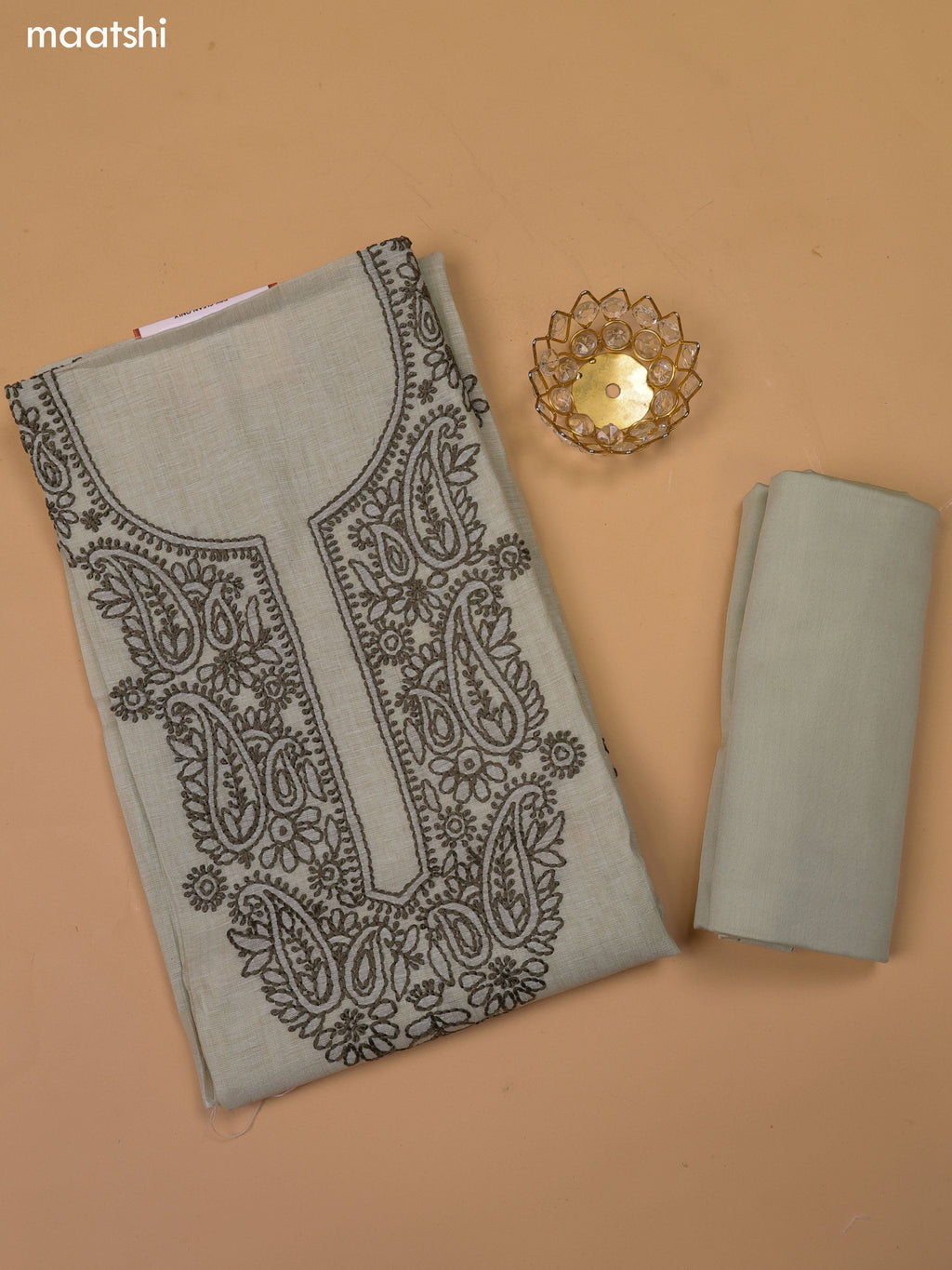Mild Elaichi Green and Dark Mehendi Green Chanderi Dress Material With Kantha Stitch Work Neck Pattern and Bottom & Dupatta