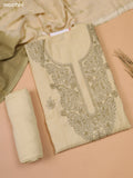 Pastel Yellow and Mehendi Green Chanderi Dress Material With Kantha Stitch Work Neck Pattern and Bottom & Dupatta
