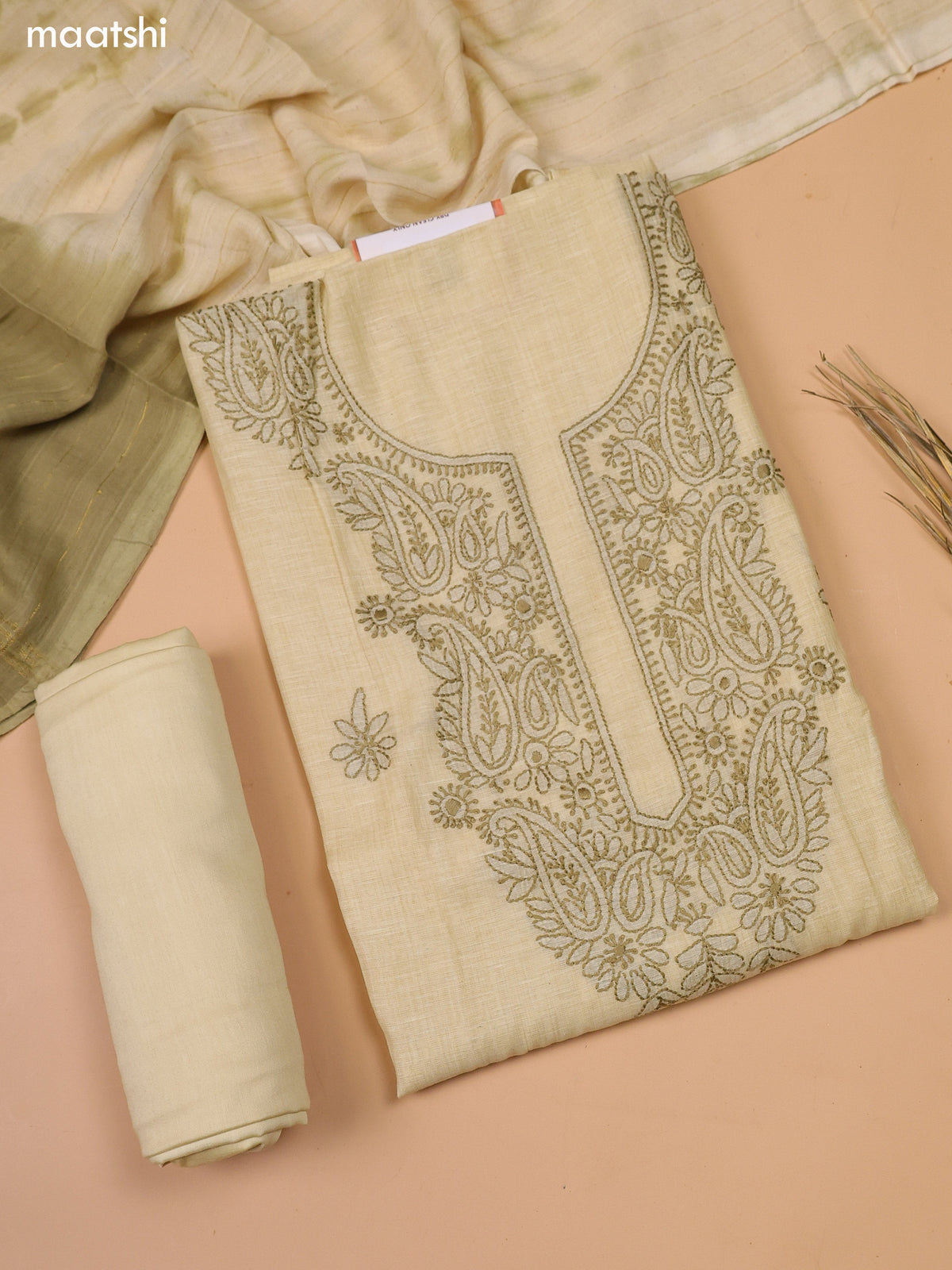 Pastel Yellow and Mehendi Green Chanderi Dress Material With Kantha Stitch Work Neck Pattern and Bottom & Dupatta