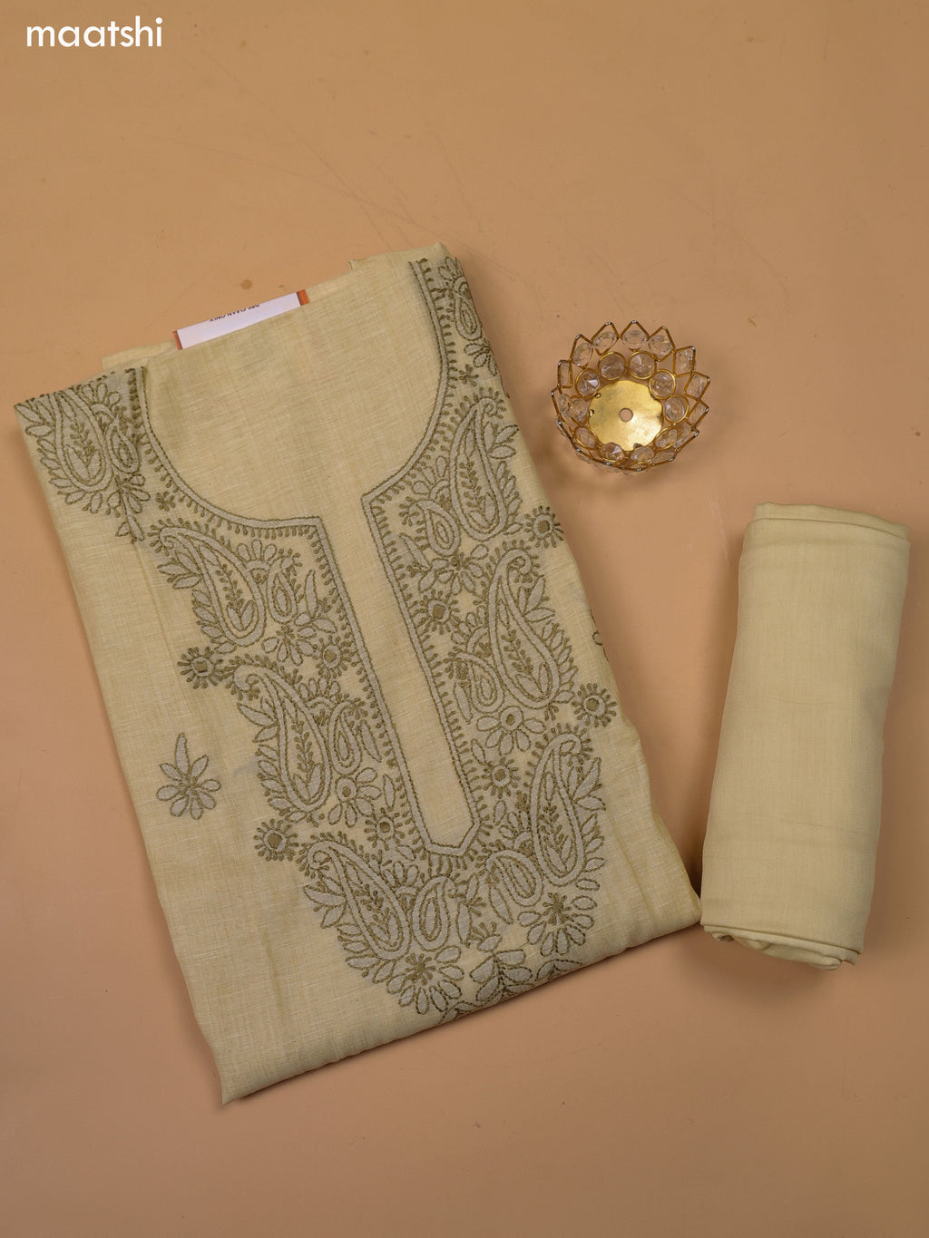 Pastel Yellow and Mehendi Green Chanderi Dress Material With Kantha Stitch Work Neck Pattern and Bottom & Dupatta
