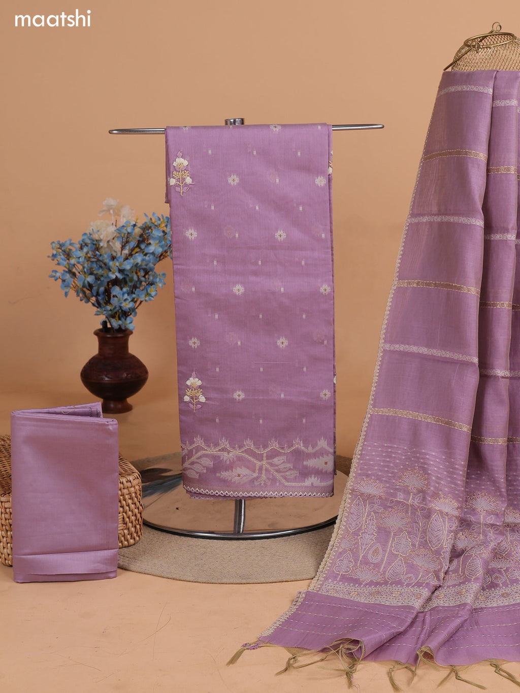Lavender Chanderi Dress Material With Thread Buttas & Kantha Stitch Work Border and Bottom & Dupatta
