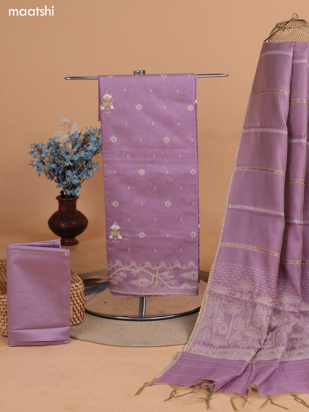 Lavender Chanderi Dress Material With Thread Buttas & Kantha Stitch Work Border and Bottom & Dupatta